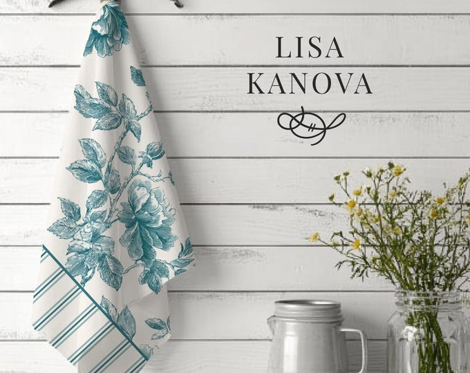 Teal Blue Floral Toile Pattern 100% Cotton Tea Towel | Vintage Heirloom Motif