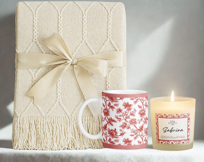 Luxury Blanket, Mug & Candle Gift Set • Exclusive Kanova Toile Collection • Personalized Gift Box in Kanova Blush