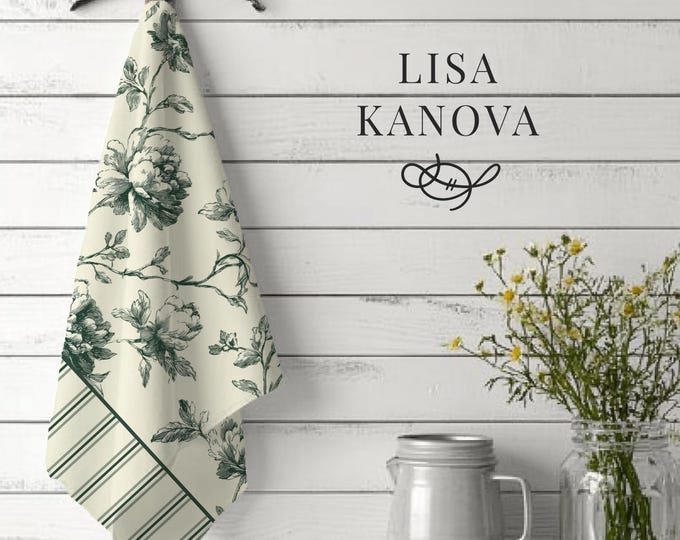 Sage Green Floral Toile Pattern 100% Cotton Tea Towel | Vintage Heirloom Motif