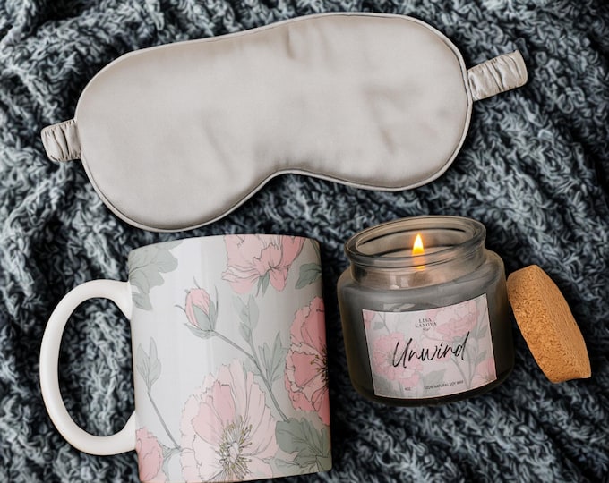 Self-Care Gift Set • Blush Floral Mug, Soy Candle & Silk Sleep Mask