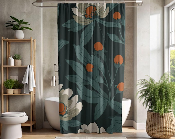 Dark Botanical Floral Shower Curtain | Green Leaves, Cream Blooms