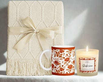 Kanova Toile Gift Set, Tassel Blanket, Soy Candle & Mug