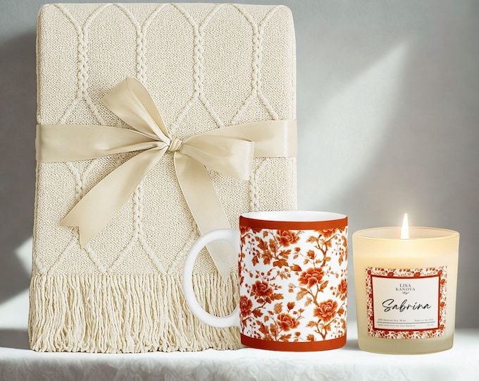 Kanova Toile Gift Set, Tassel Blanket, Soy Candle & Mug