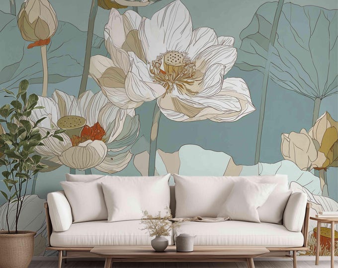 Late Afternoon on the Lake | Wall Mural Digital Download, Large Floral Print File, Bold Home Decor, Interior Design, Maximalist Wall