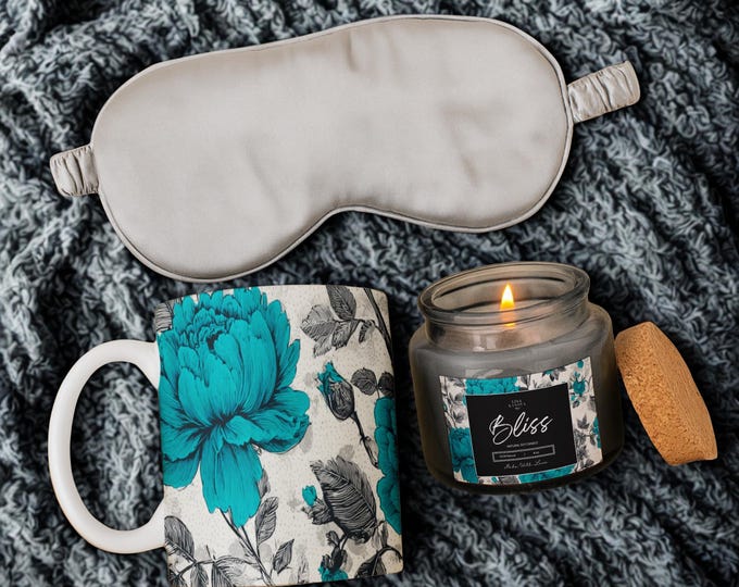 Self-Care Gift Box – Gray Silk Sleep Mask, Soy Candle & Ceramic Mug Set
