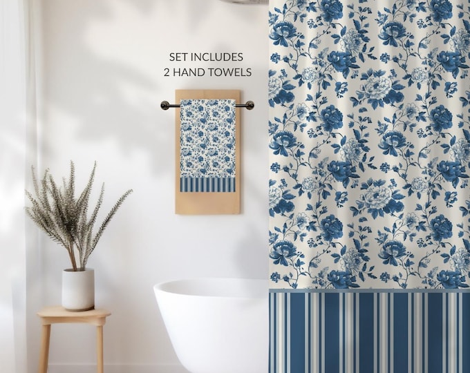 Blue Toile Garden Bath Set – Floral Shower Curtain, 2 Hand Towels