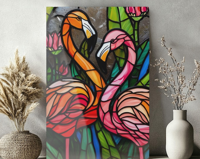 Stained Glass Flamingos Acrylic Print | French Cleat Wall Art
