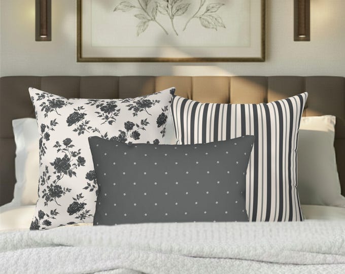 Kanova Designer Pillow Trio – Toile + Stripe + Dotted Lumbar | 2 x 20" Pillows + 20x14 Lumbar | Vintage Bedding | Charcoal Ink Cottage Set
