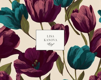 Noon in the Walled Garden | Deep Teal and Plum Floral Seamless Repeat Pattern | Lisa Kanova Surface Design