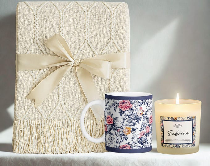 Toile Blanket, Mug & Soy Candle Gift Set, Personalized Gift Box