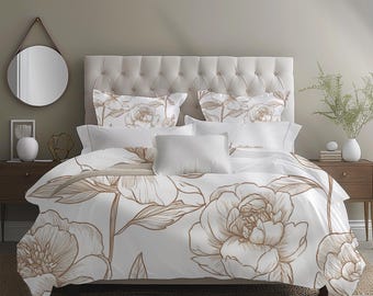 Cotton Duvet Cover Set with Reversible Pillow Shams – Oversized Floral Outline Bedding