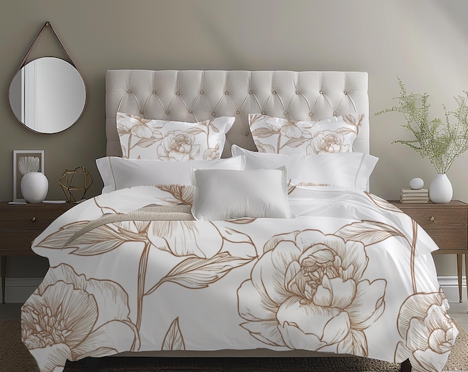 Cotton Duvet Cover Set with Reversible Pillow Shams – Oversized Floral Outline Bedding