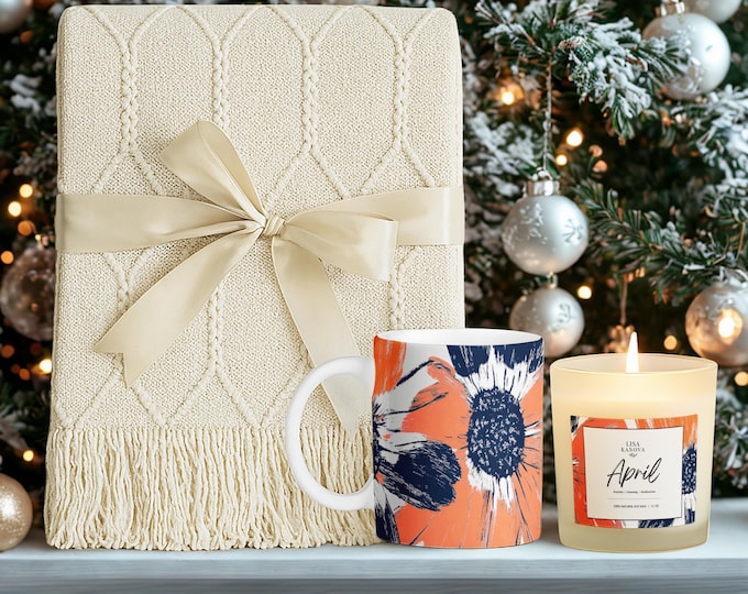 Luxury Birth Flower Cozy Gift Set • Tassel Blanket, Soy Candle & Ceramic Mug - April Daisy
