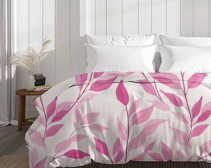 Pink Watercolor Leaves Cotton Duvet Cover | Floral Botanical Pattern