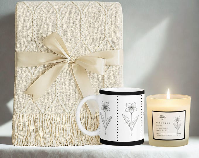 February Violet Gift Set • Tassel Blanket, Art Mug & Soy Candle
