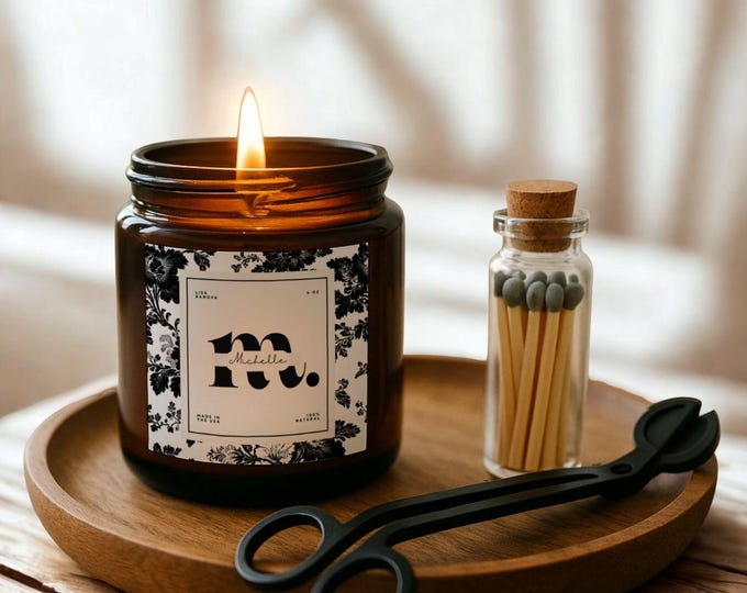 Personalized Soy Candle Gift Set: Floral Toile, Wick Trimmer & Matches