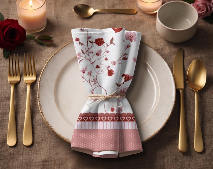 Designer Set of 4 - 100% Cotton Twill 22" x 22" Modern Heirloom Napkins in Vintage Valentine