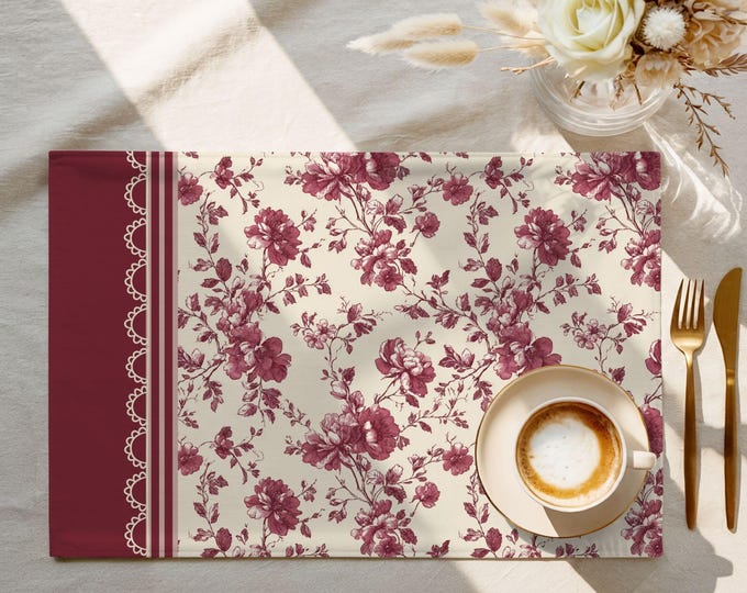 Exclusive Designer Pattern Placemat | 100% Cotton Twill in Cranberry Garden