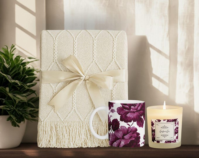 Luxury Personalized Gift Set • Tassel Blanket, Soy Candle & Ceramic Mug