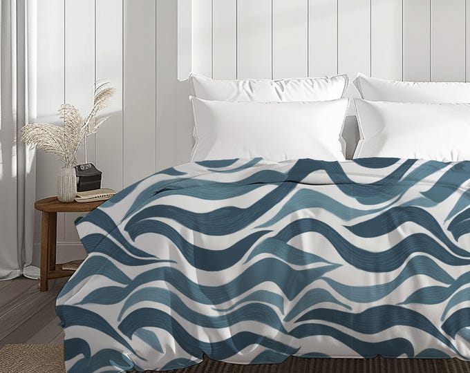 Blue Wavy Abstract Pattern Cotton Duvet Cover | Ocean Wave Bedding