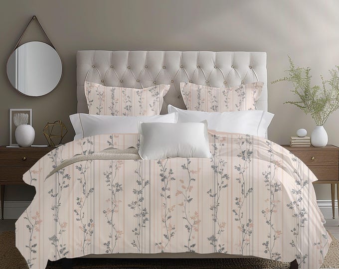 Cotton Duvet Cover Set with Reversible Pillow Shams – Soft Botanical Stripe Bedding
