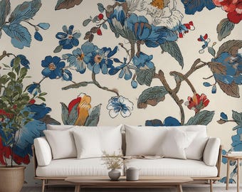 Rendevous in the Courtyard | Wall Mural Digital Download, Large Floral Print File, Bold Home Decor, Interior Design, Maximalist Wall