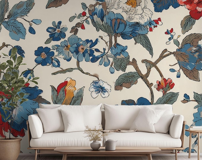 Rendevous in the Courtyard | Wall Mural Digital Download, Large Floral Print File, Bold Home Decor, Interior Design, Maximalist Wall