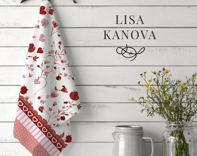 Heart Floral Pattern 100% Cotton Tea Towel | Vintage Heirloom Valentine