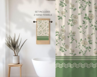Designer Toile Bath Set • Vintage Floral Shower Curtain and 2 Hand Towels in Morning Garden