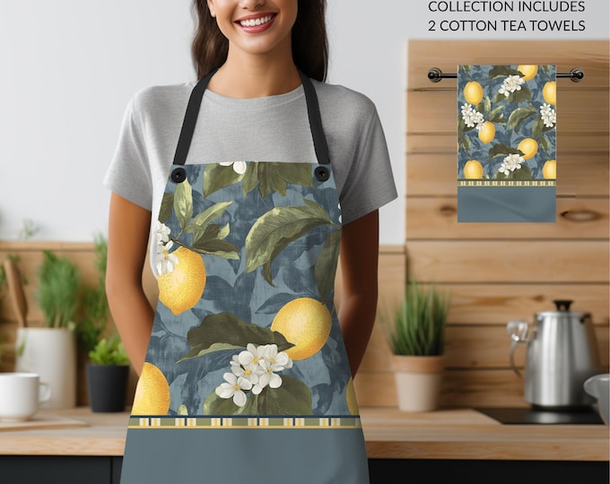 Designer Kitchen Collection | Apron and Two Cotton Tea Towels in Tuscan Lemon Blue