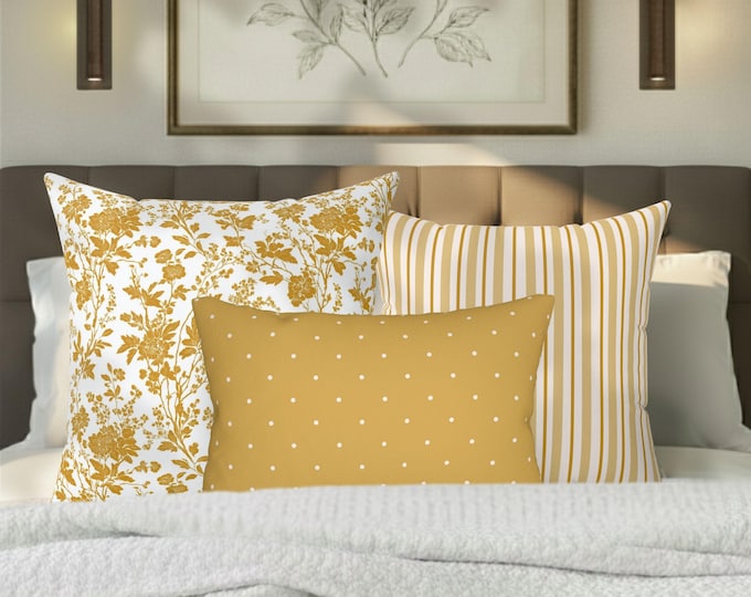 Kanova Designer Pillow Trio – Toile + Stripe + Dotted Lumbar | 2 x 20" Pillows + 20x14 Lumbar | Vintage Bedding | Heirloom Gold Set