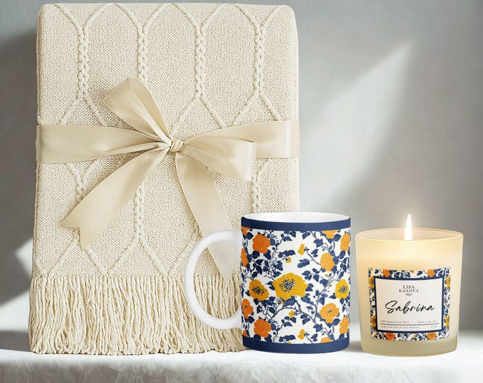 Luxury Blanket, Mug & Candle Gift Set • Exclusive Kanova Toile Collection • Personalized Gift Box in Kanova Blue and Orange