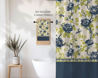 Designer Toile Bath Set • Vintage Floral Shower Curtain and 2 Hand Towels in Vibrant Garden