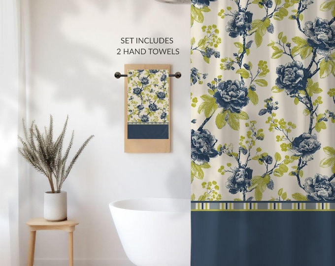 Designer Toile Bath Set • Vintage Floral Shower Curtain and 2 Hand Towels in Vibrant Garden