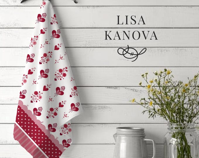 Heart Floral Pattern 100% Cotton Tea Towel | Vintage Heirloom Valentine Motif