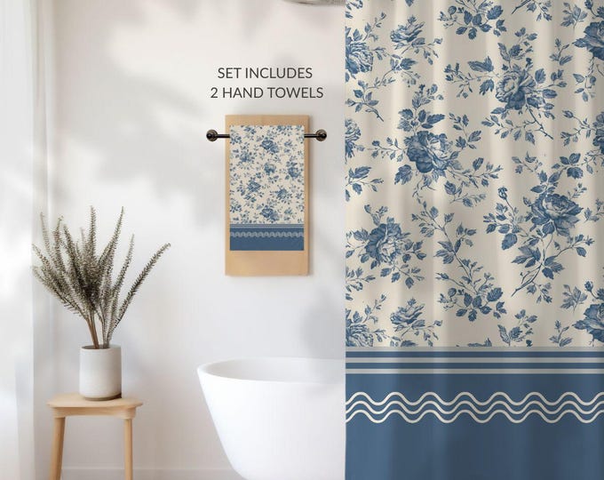 Designer Toile Bath Set • Vintage Floral Shower Curtain and 2 Hand Towels in Garden Azure