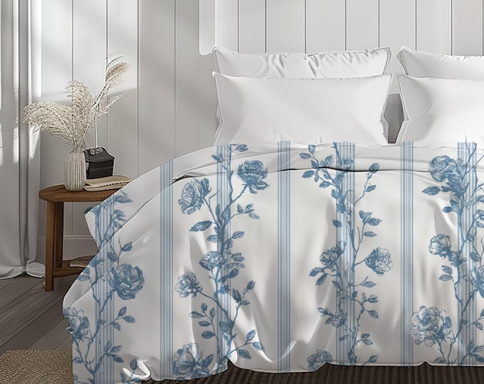 Blue Floral Stripe Cotton Duvet Cover | Vintage Botanical Bedding