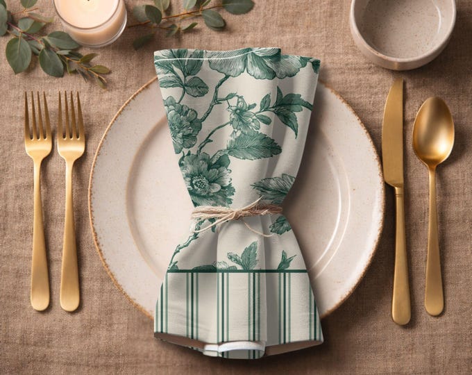 Designer Set of 4 - 100% Cotton Twill 22" x 22" Modern Heirloom Napkins in Vintage Green Toile