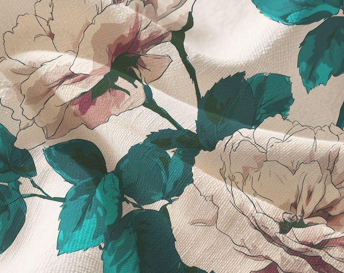 A Proper Rose Garden | Pima Cotton Bold Botanical Pattern by Lisa Kanova Cobalt Teal and Blush