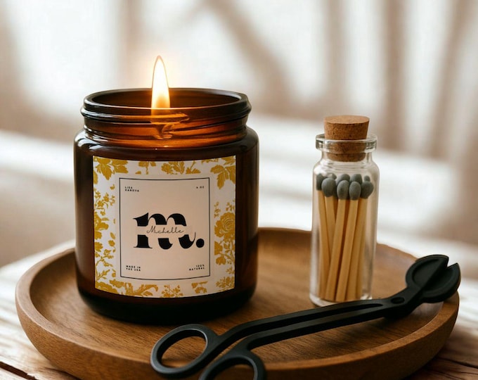 Personalized Soy Candle Gift Set: Floral Label, Matches & Wick Trimmer
