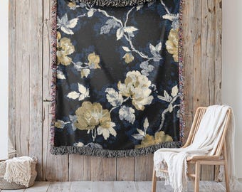 Statement Heirloom Cotton Woven Throw,  A Bold, Curated Textile for Modern Interiors in Blue Botanica at Midnight