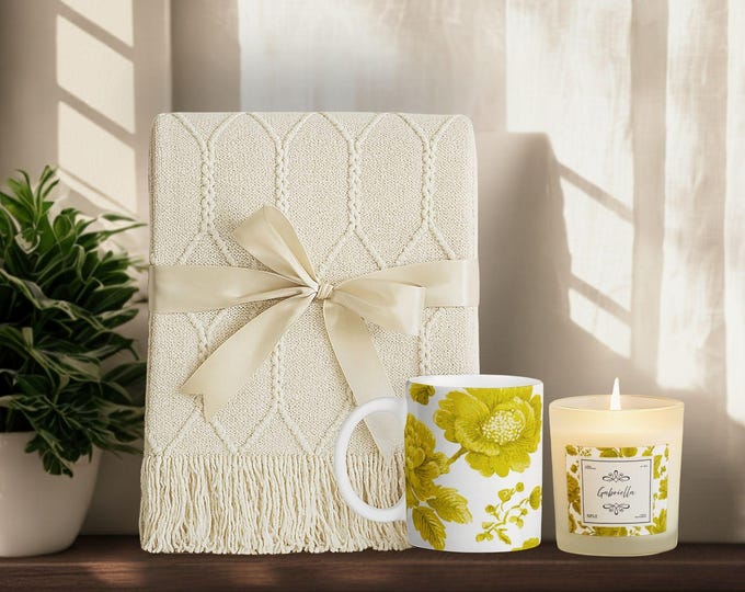 Luxury Personalized Gift Set • Tassel Blanket, Soy Candle & Ceramic Mug