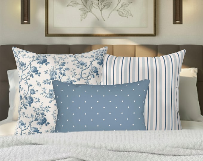 Kanova Designer Pillow Trio – Toile + Stripe + Dotted Lumbar | 2 x 20" Pillows + 20x14 Lumbar | Vintage Bedding | Antique Blue Meadow Set