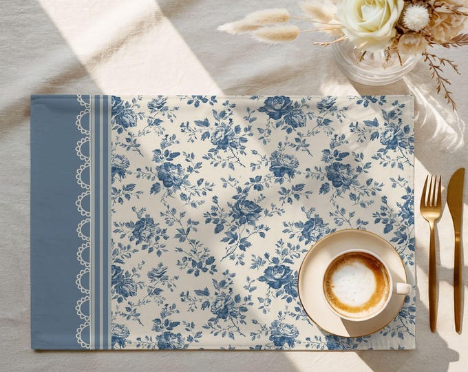 Exclusive Designer Pattern Placemat | 100% Cotton Twill in Proper Blue Garden