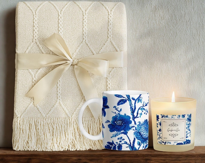 Luxury Personalized Gift Set • Tassel Blanket, Soy Candle & Ceramic Mug