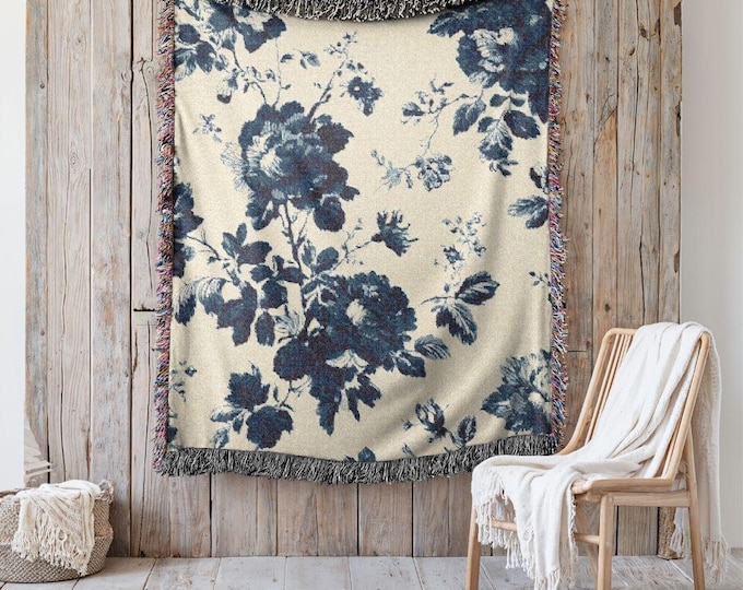 Statement Heirloom Cotton Woven Throw,  A Bold, Curated Textile for Modern Interiors in Proper Blue Toile