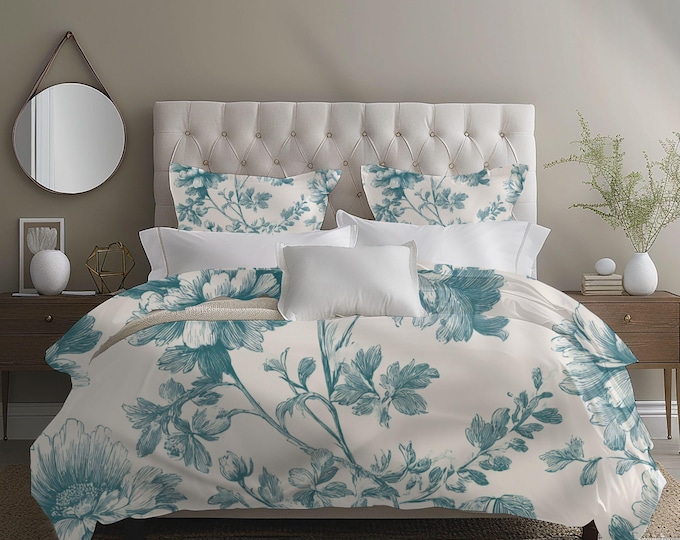 Cotton Duvet Cover Set with Reversible Pillow Shams – Proper Teal Toile Collection