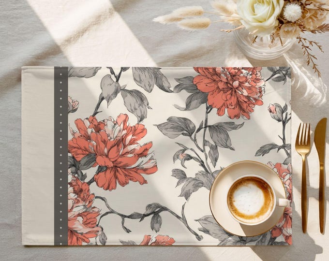 Exclusive Designer Pattern Placemat | 100% Cotton Twill in Dotted Coral Garden