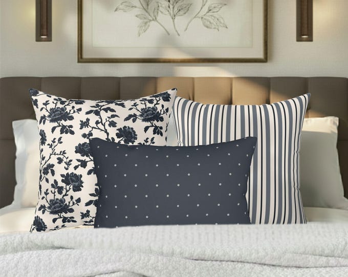Designer Pillow Trio – Navy Luxe Toile, Stripe, and Dotted Lumbar