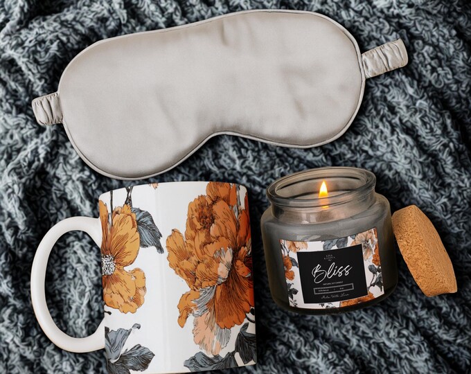 Self-Care Gift Box – Gray Silk Sleep Mask, Soy Candle & Ceramic Mug Set